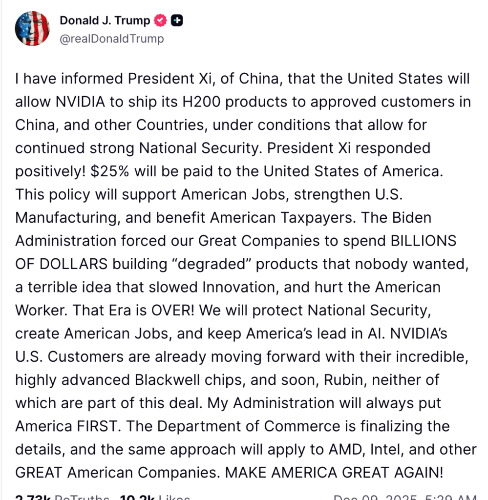 ¡Trump abre Huida H200 para exportar a China! Pero debe pagar una comisión del 25%, la guerra de chips entre Estados Unidos y China ingresa a un nuevo modelo de desbloqueo pago